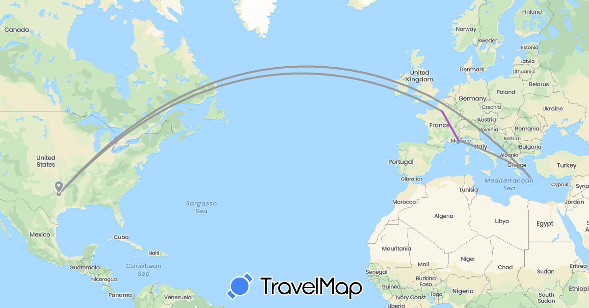 TravelMap itinerary: driving, plane, train, boat in France, United Kingdom, Greece, Monaco, United States (Europe, North America)